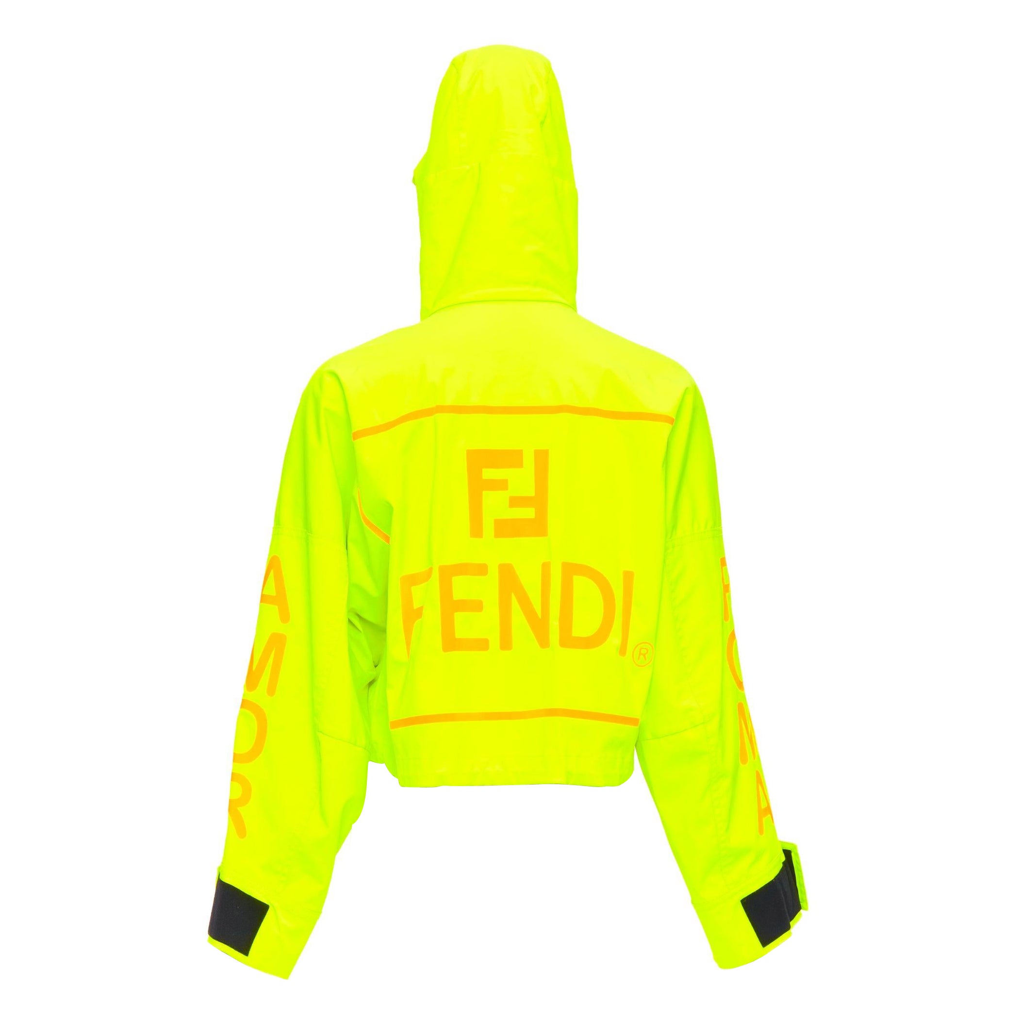 FENDI neon yellow orange roma logo multi pocket cropped anorak IT36 XXS For Sale