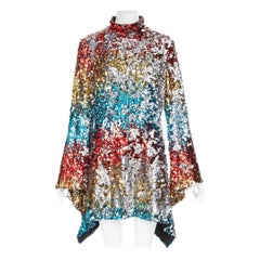 HALPERN A21D20J Flip Sequin multicolor flare drape hem mini dress FR42 XL