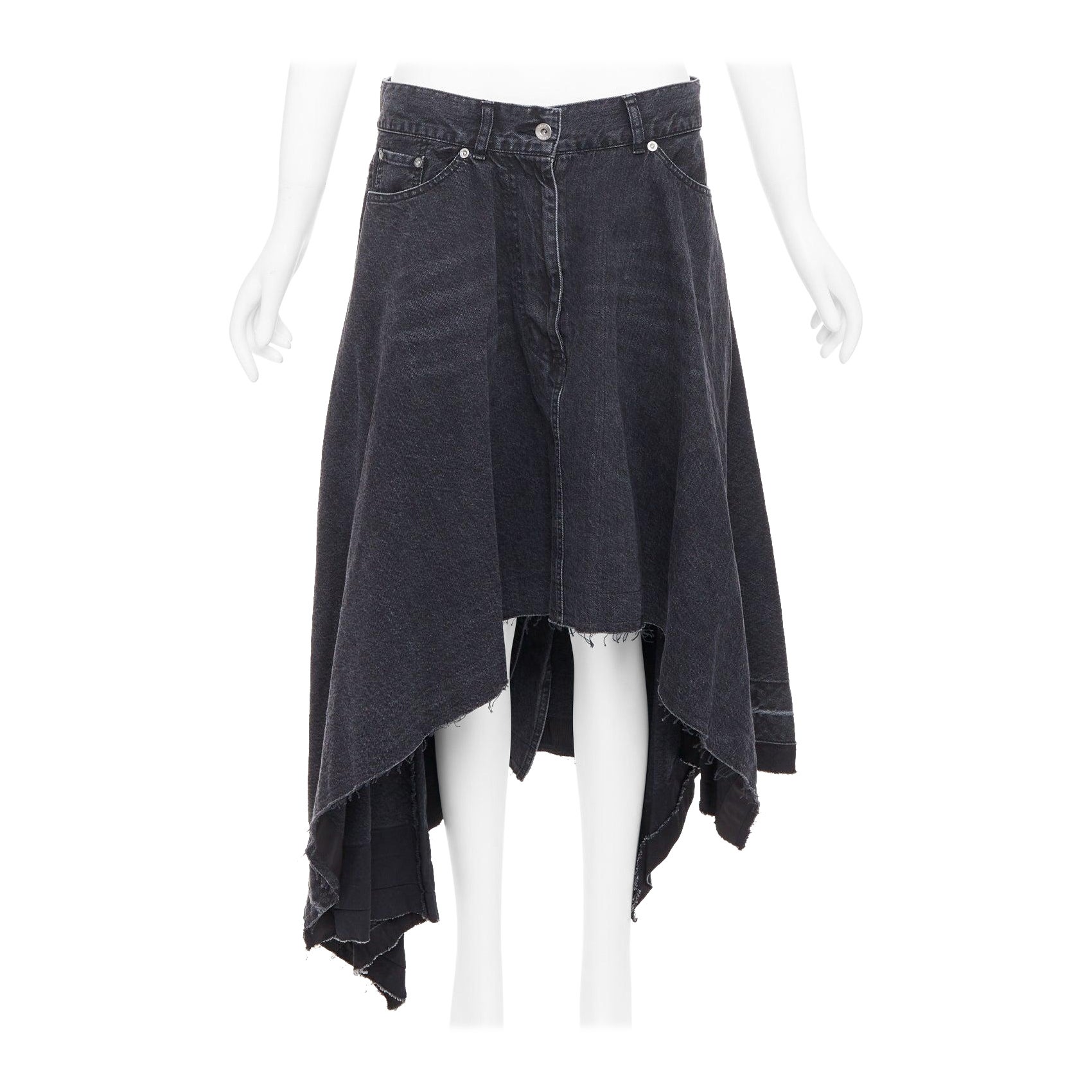 SACAI 2021 grey washed cotton denim asymmetric hi low hem skirt JP4 XL For Sale