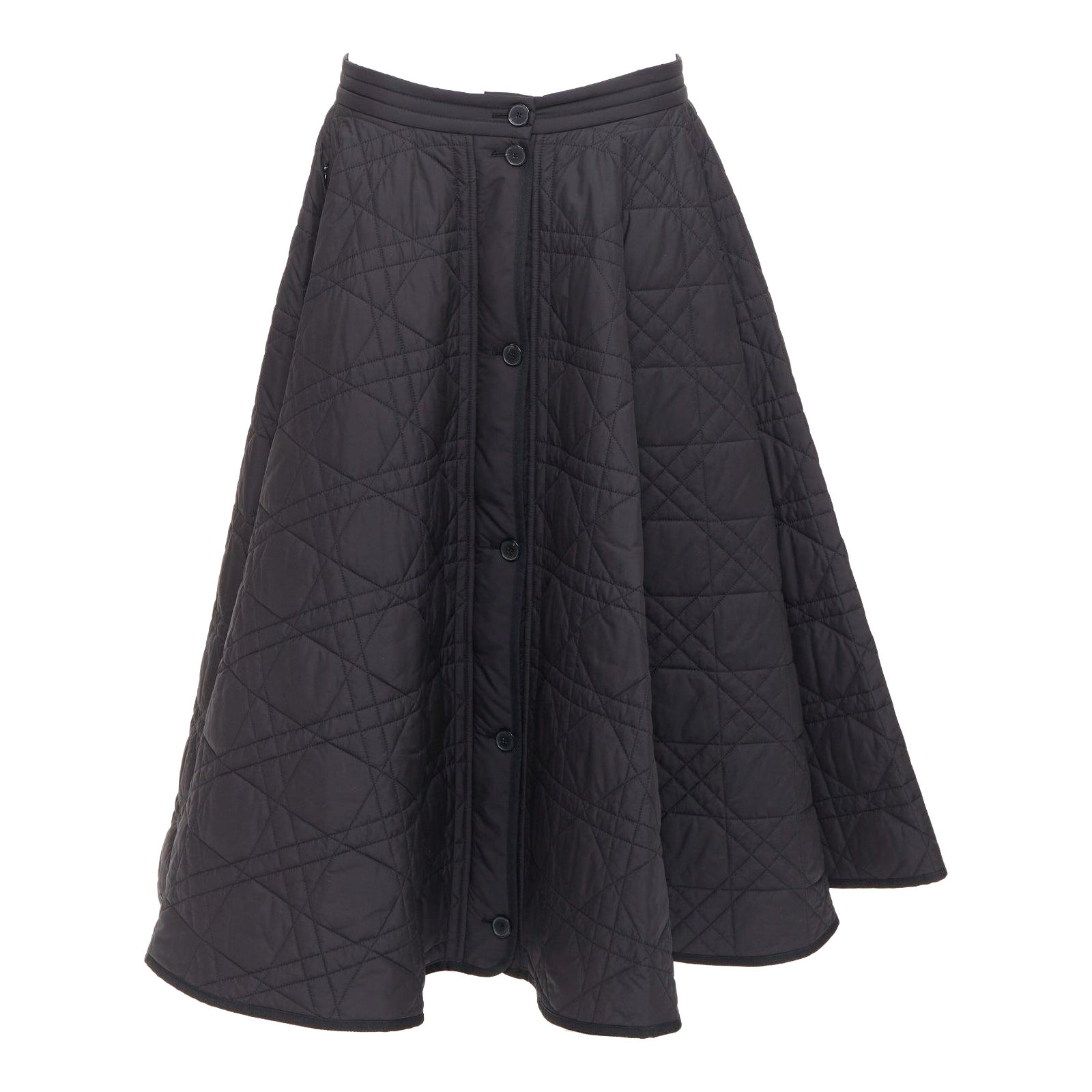 DIOR Macrocannage noir diamant jupe midi matelassée à boutons FR42 XL en vente