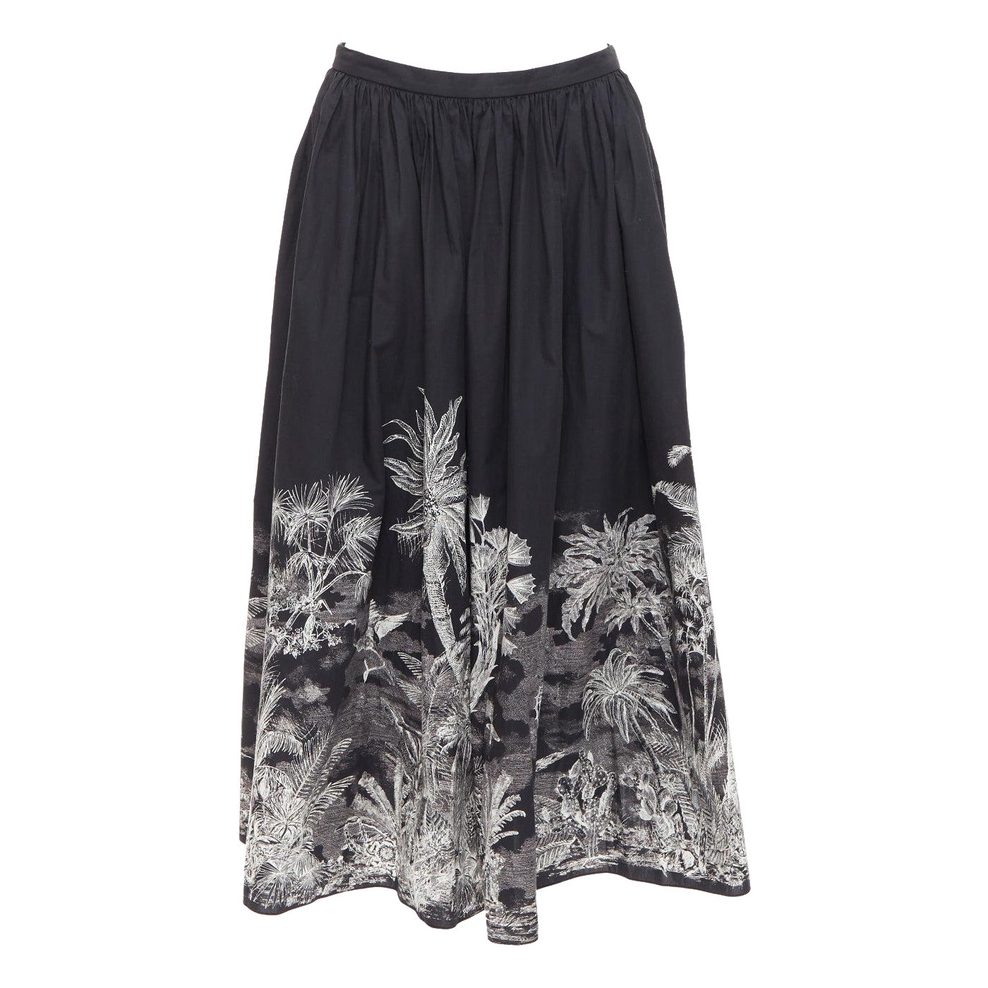 DIOR 2021 gonna midi elasticizzata in vita in cotone nero con stampa Jungling FR42 XL in vendita