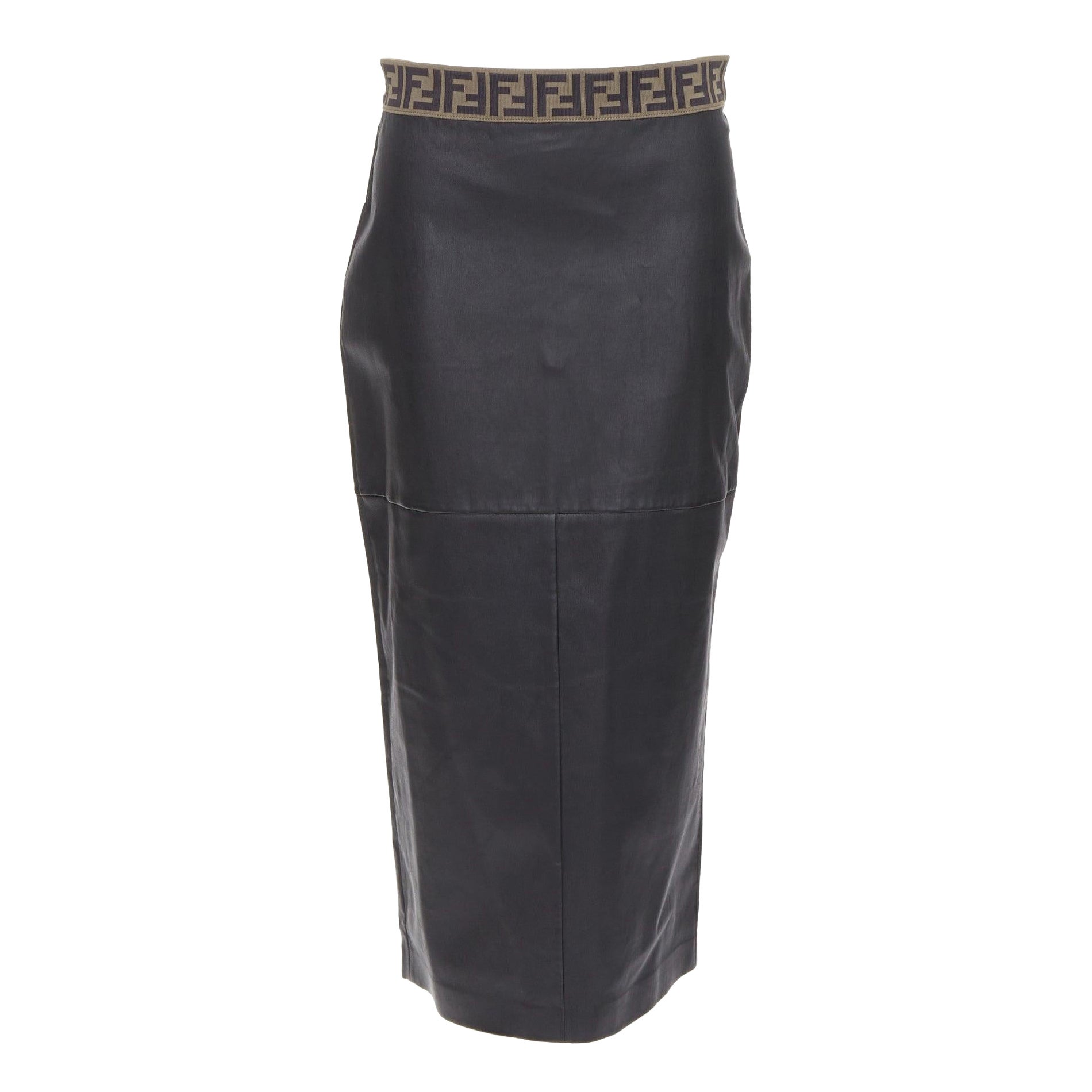 FENDI Gonna khaki FF monogram waist black lamb leather pencil skirt IT44 L For Sale