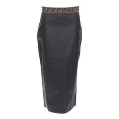 FENDI Gonna kaki Jupe crayon en cuir d'agneau noir avec monogramme à la taille IT44 L