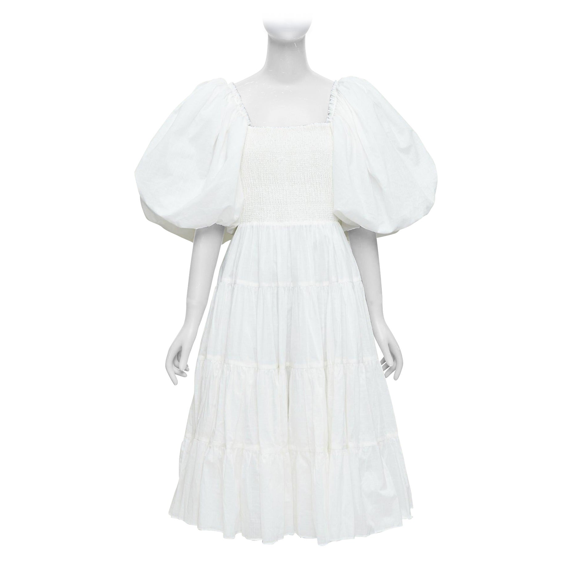 AJE Cherished, robe midi à manches bouffantes en coton blanc bordé de lin UK14 XL en vente