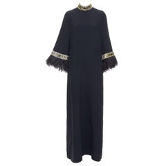 ANDREW GN 2021 Runway black ostrich feather trim glass beads maxi dress FR38 M