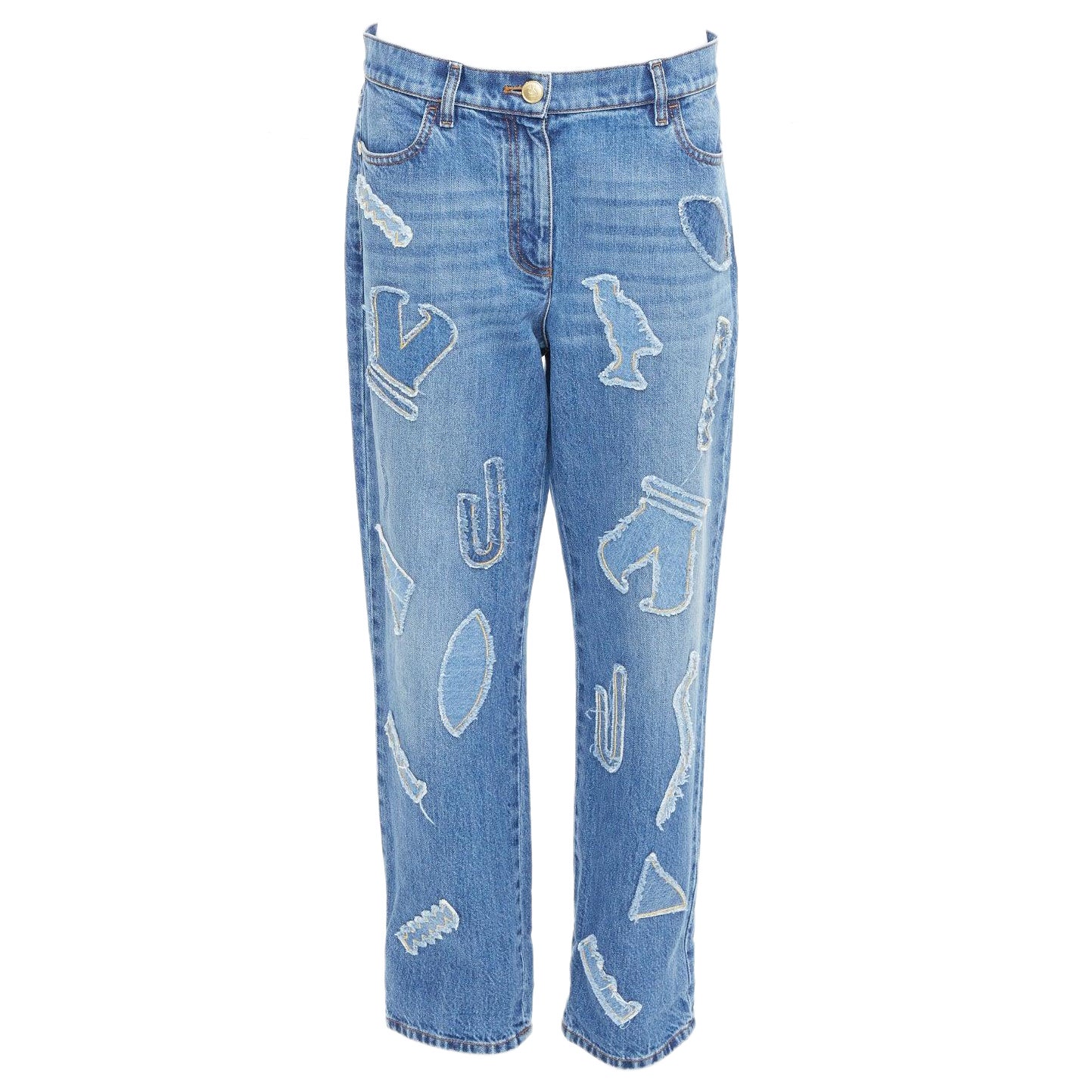CHANEL 19A blue cotton hieroglyphics patch straight leg jeans FR40 L For Sale