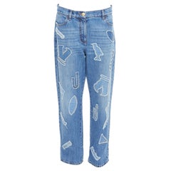 CHANEL 19A blue cotton hieroglyphics patch straight leg jeans FR40 L