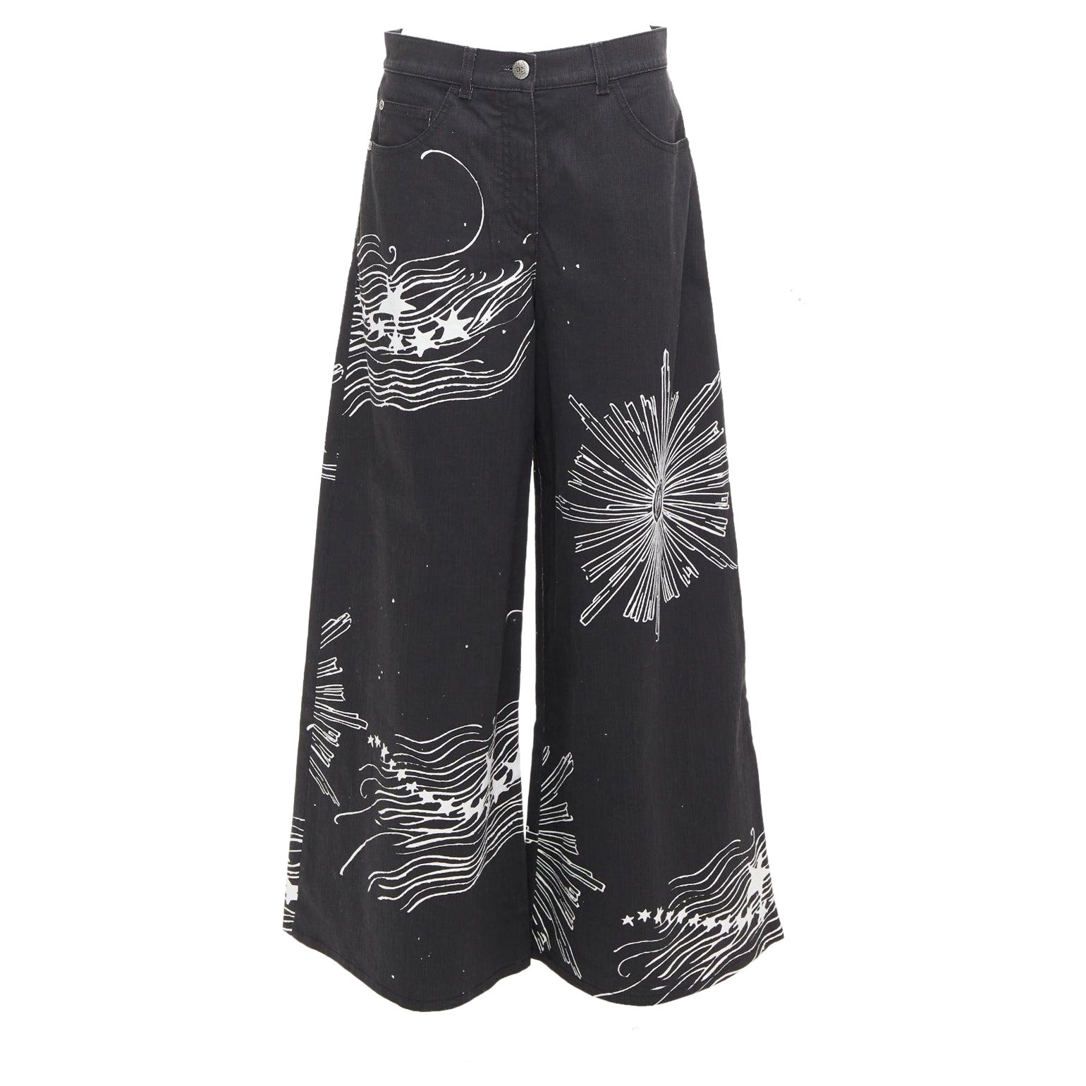 CHANEL 22C black white CC horoscope star print wide leg jeans FR40 L For Sale