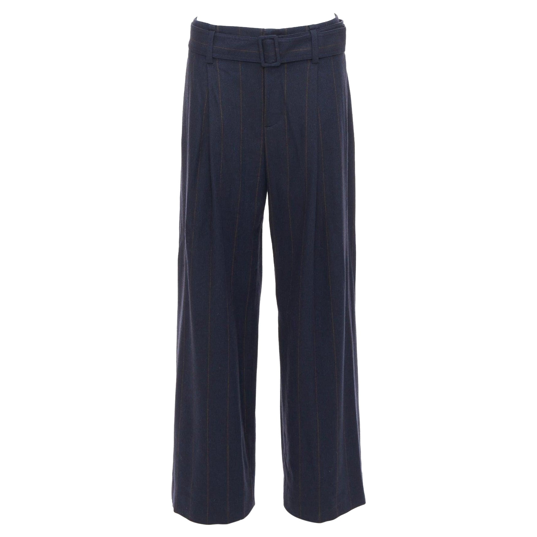 VINCE navy brown wool blend pinstripe belted wide leg trousers US6 M For Sale