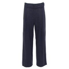 VINCE navy brown wool blend pinstripe belted wide leg trousers US6 M