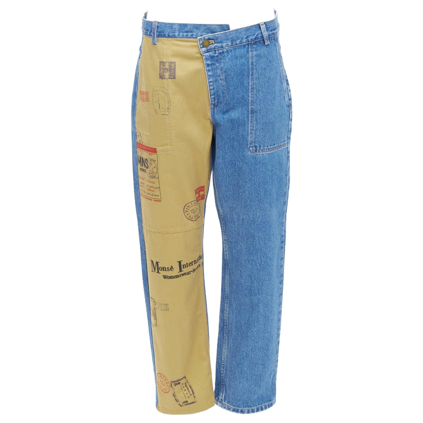 MONSE beige blue postcard print camo split contrast jeans US6 M For Sale