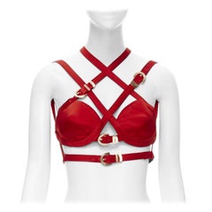 VERSACE 2019 Runway S&M Bondage Tribute red silk gold buckle bra top IT38 XS