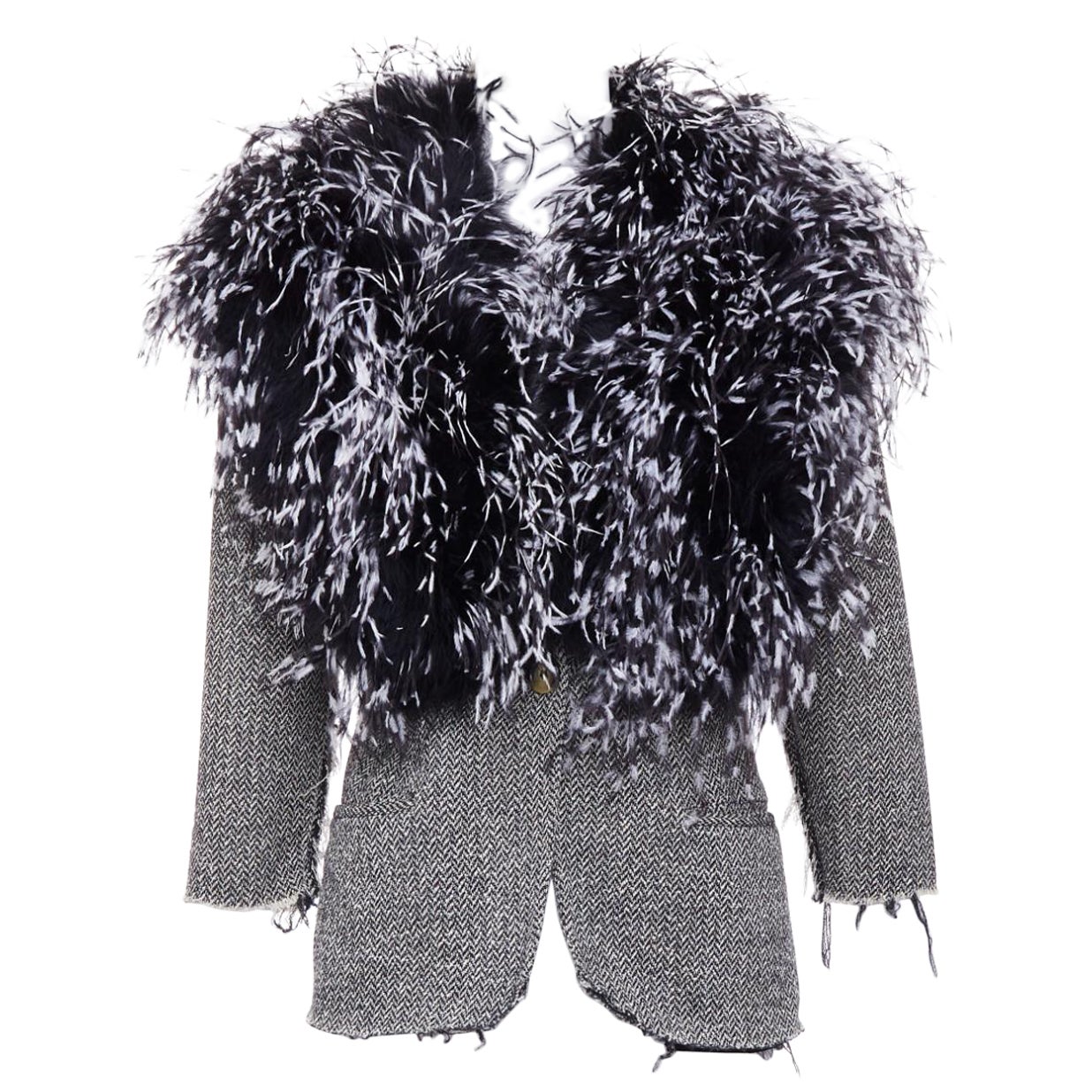 LIBERTINE handmade black white feather collar herringbone tweed jacket For Sale