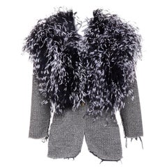 LIBERTINE handmade black white feather collar herringbone tweed jacket