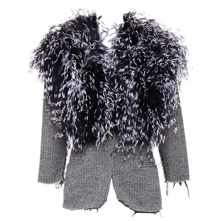 LIBERTINE handmade black white feather collar herringbone tweed 