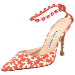 Manolo Blahnik Coral & Grey Printed Canvas Pumps sz IT39 3