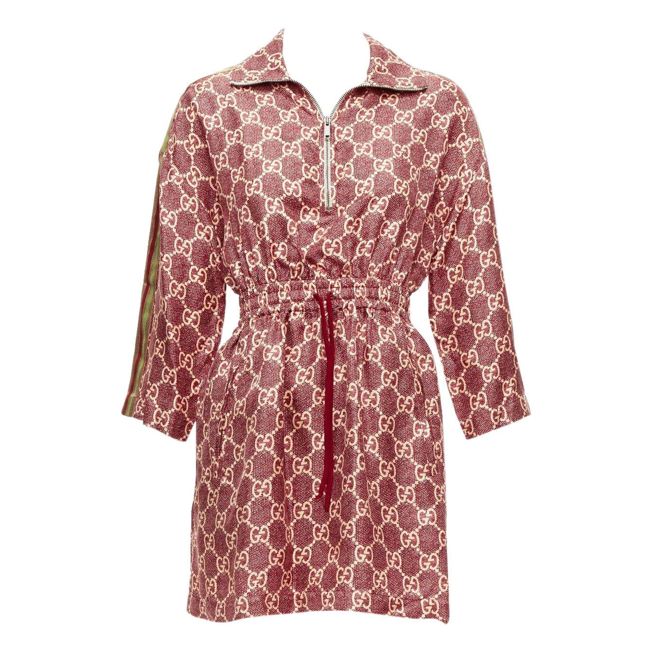 GUCCI 100% silk red beige GG supreme monogram print web trim mini dress XXS For Sale