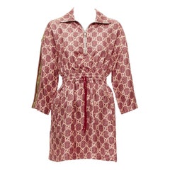 GUCCI 100% silk red beige GG supreme monogram print web trim mini dress XXS
