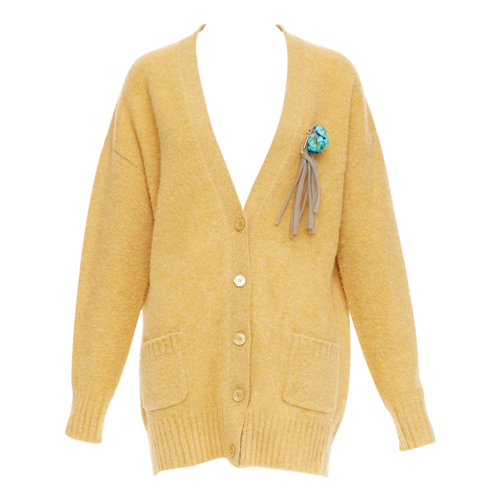 GUCCI 2020 100% wool yellow blue floral brooch oversized cardigan M For Sale