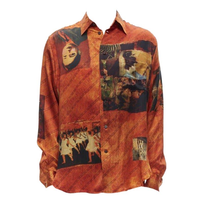 rare YOHJI YAMAMOTO 2004 100% silk Taisho Japanese portrait orange shirt JP2 M For Sale