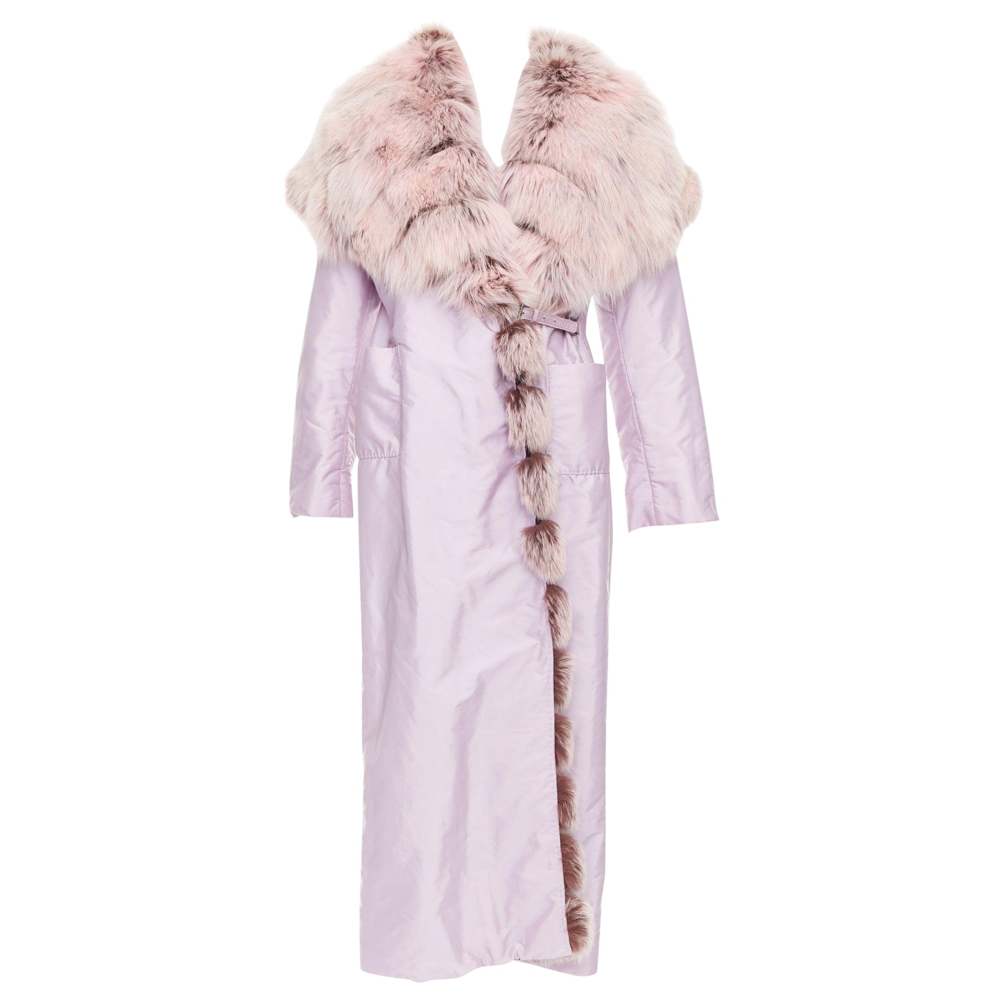 ERMANNO SCERVINO pink fur collar purple nylon wool lined robe coat IT38 XS For Sale