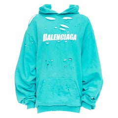 Balenciaga Demna 2020 verde acqua, distrutta, strappata e con logo a strati, felpa con cappuccio S