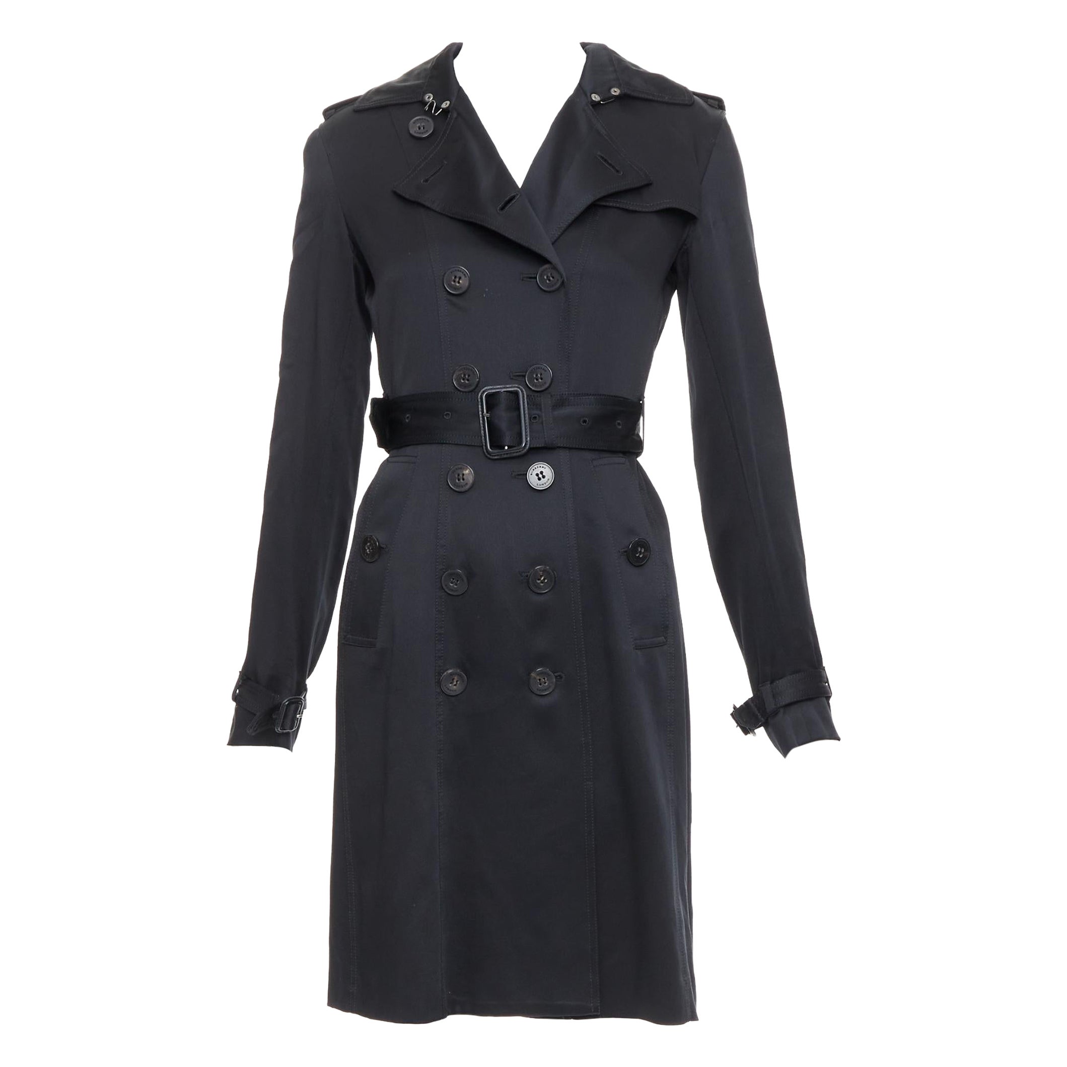 BURBERRY LONDON black 100% silk check lined belted trench coat For Sale