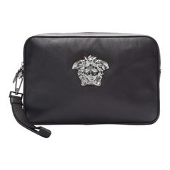 VERSACE Palazzo Medusa black lambskin leather silver zip wristlet clutch bag
