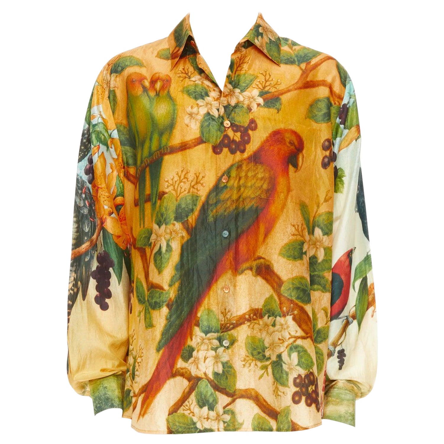 Rare chemise saBYASACHI en soie 100 % perroquet avec imprimé floral animal mixte EU42 XL