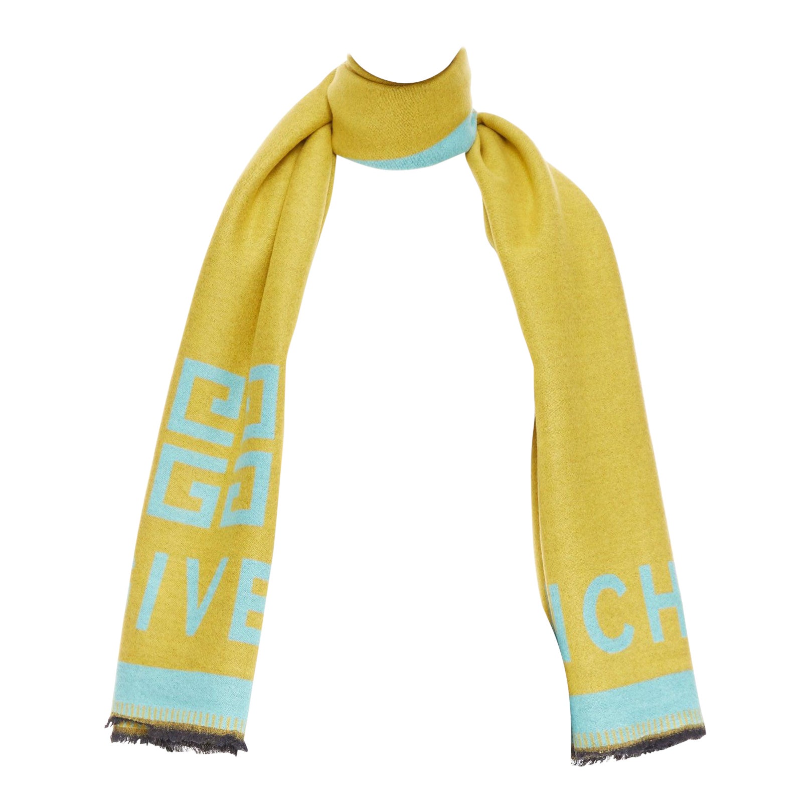 GIVENCHY mustard mint green wooly black fringe big logo long scarf For Sale