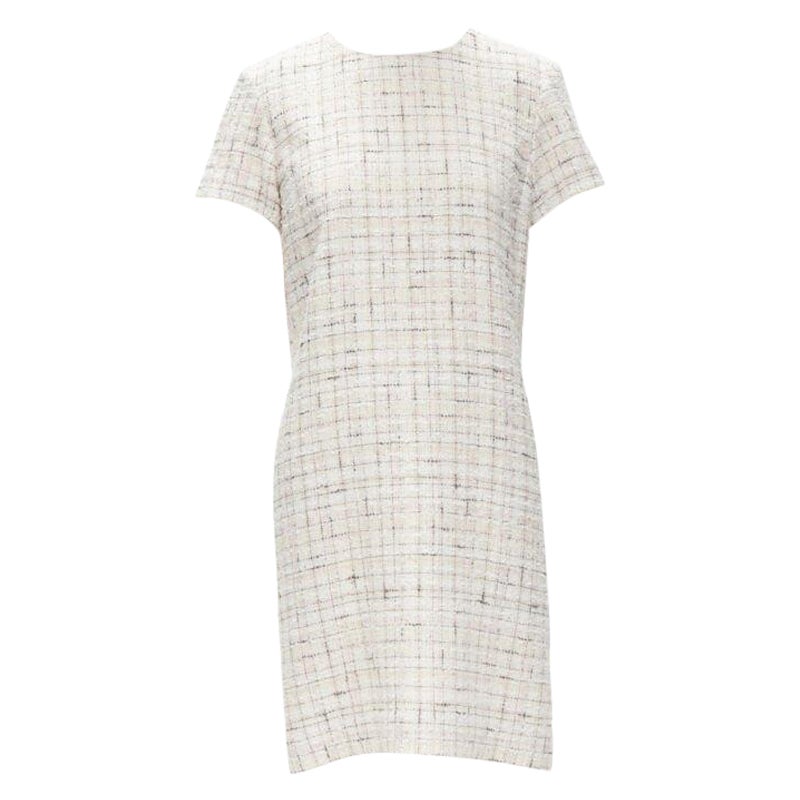 CHANEL Robe fourreau à manches courtes en tweed à carreaux rose clair et noir FR38 M