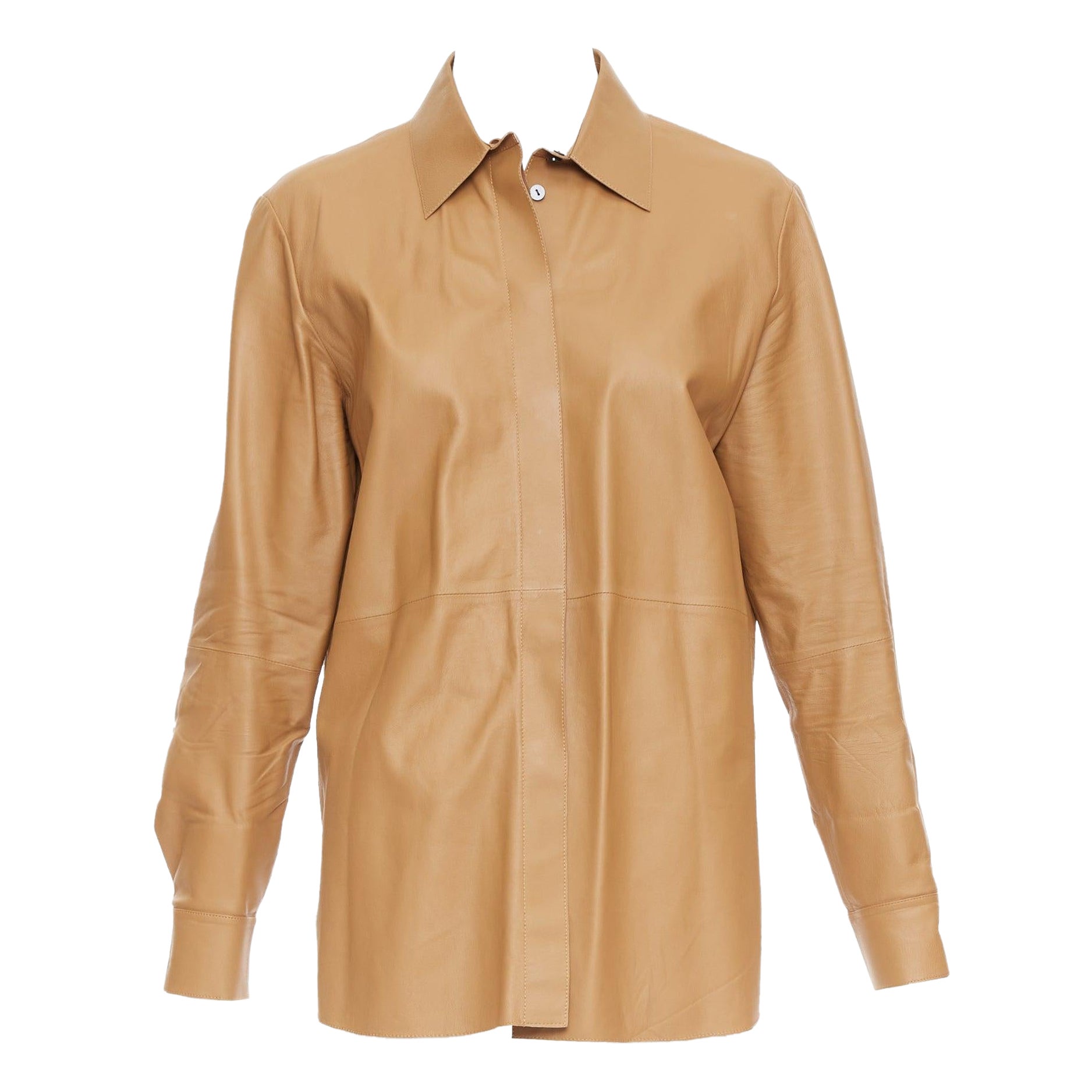 THEORY L Nappa Shine brown lambskin leather panelled shirt XS For Sale