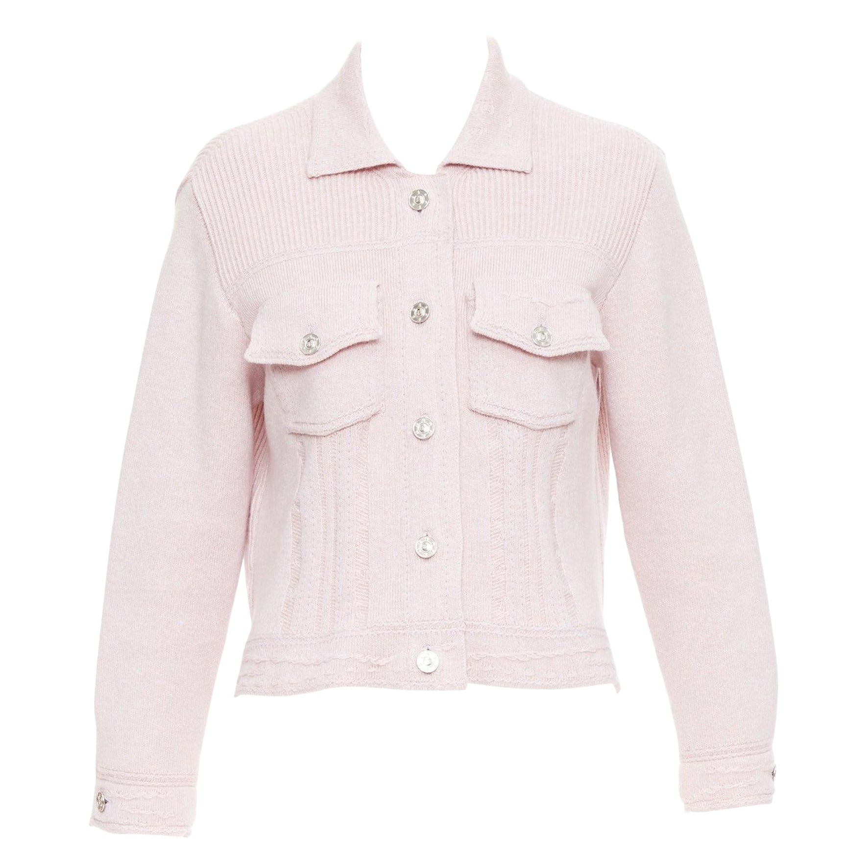BARRIE baby pink cashmere cotton topstitched pocketed cardigan L For Sale