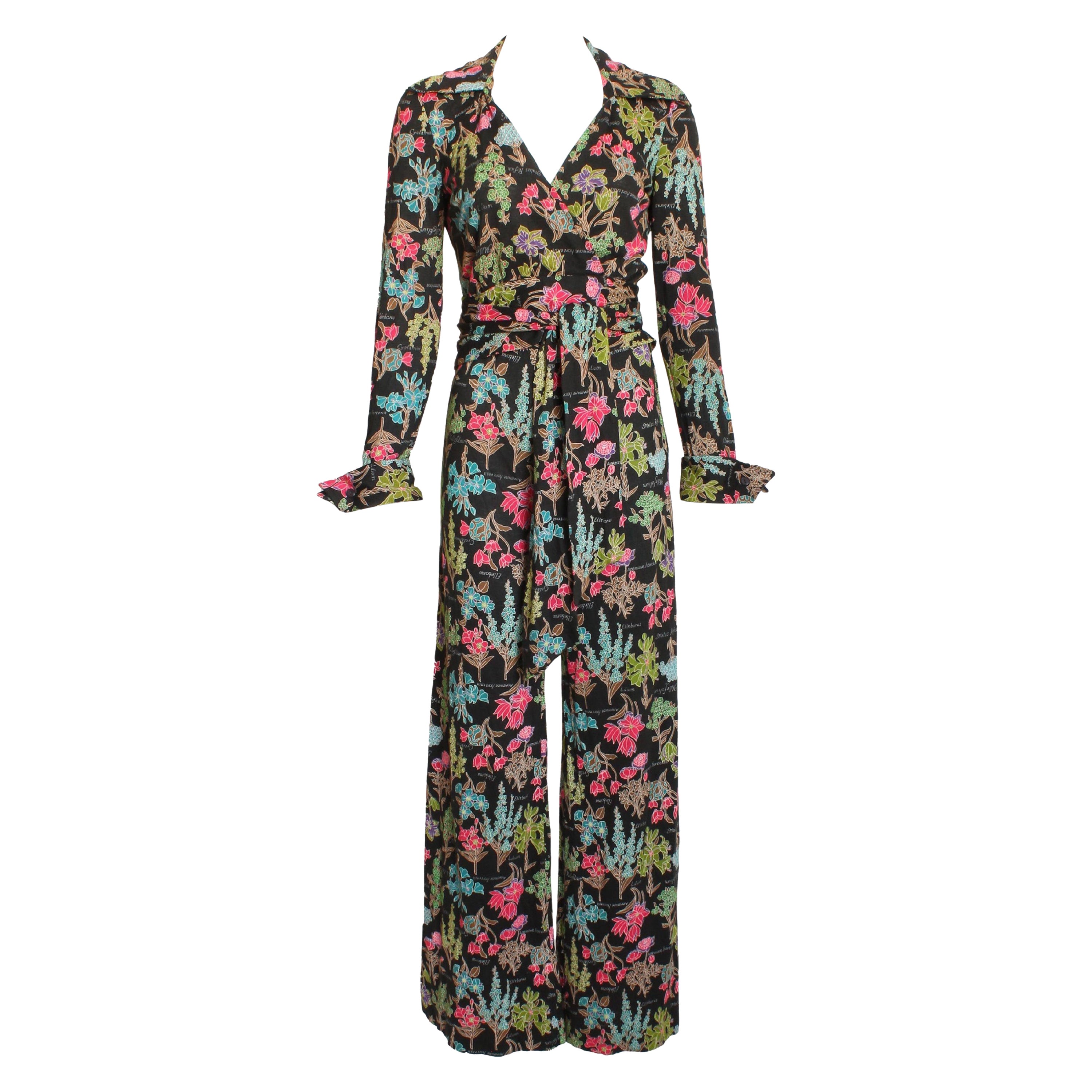 70s Diane Von Furstenberg Wrap Blouse and Pants Set Floral Jersey Rare Sz 12 For Sale