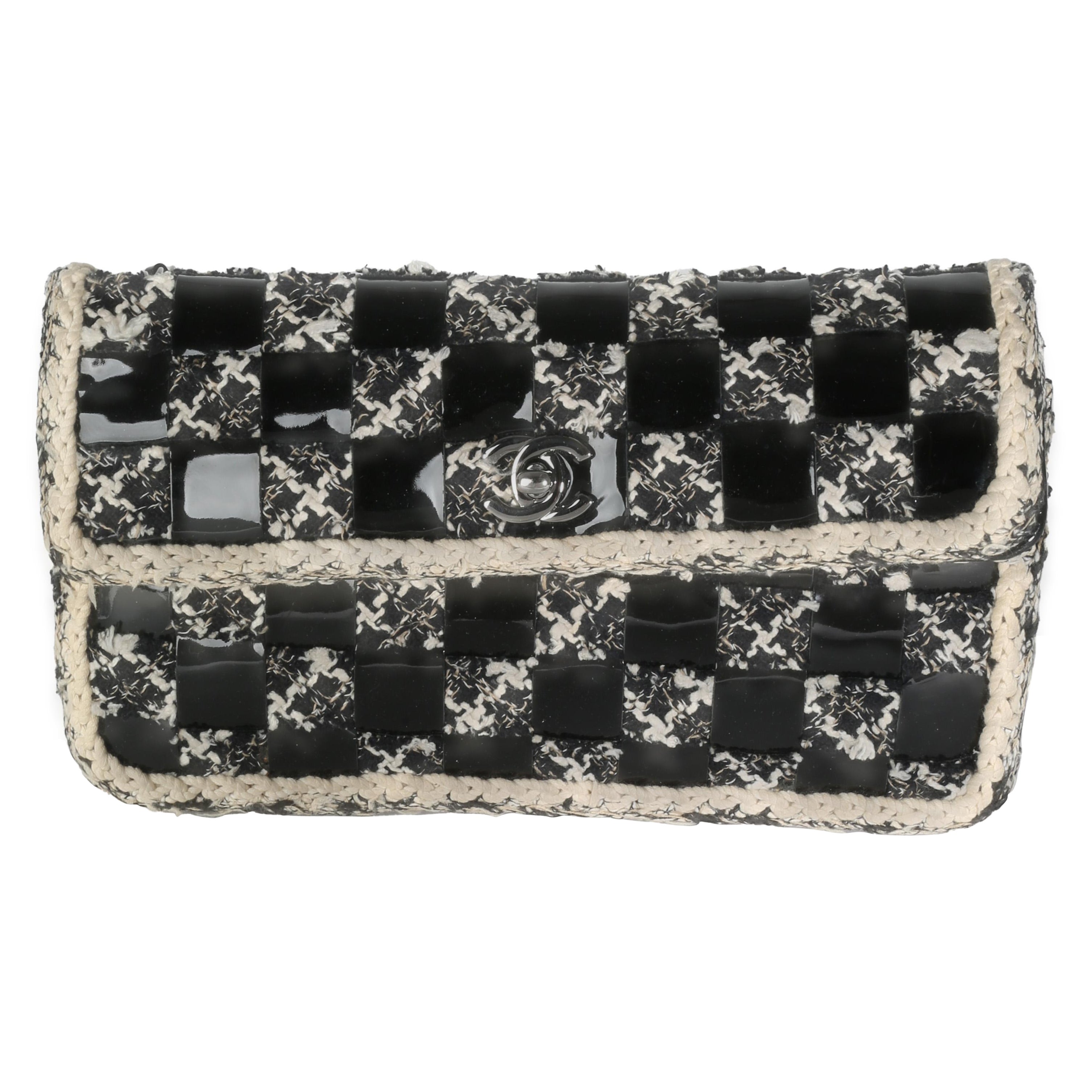 Chanel Black White Tweed Woven Patent Medium Flap Bag For Sale
