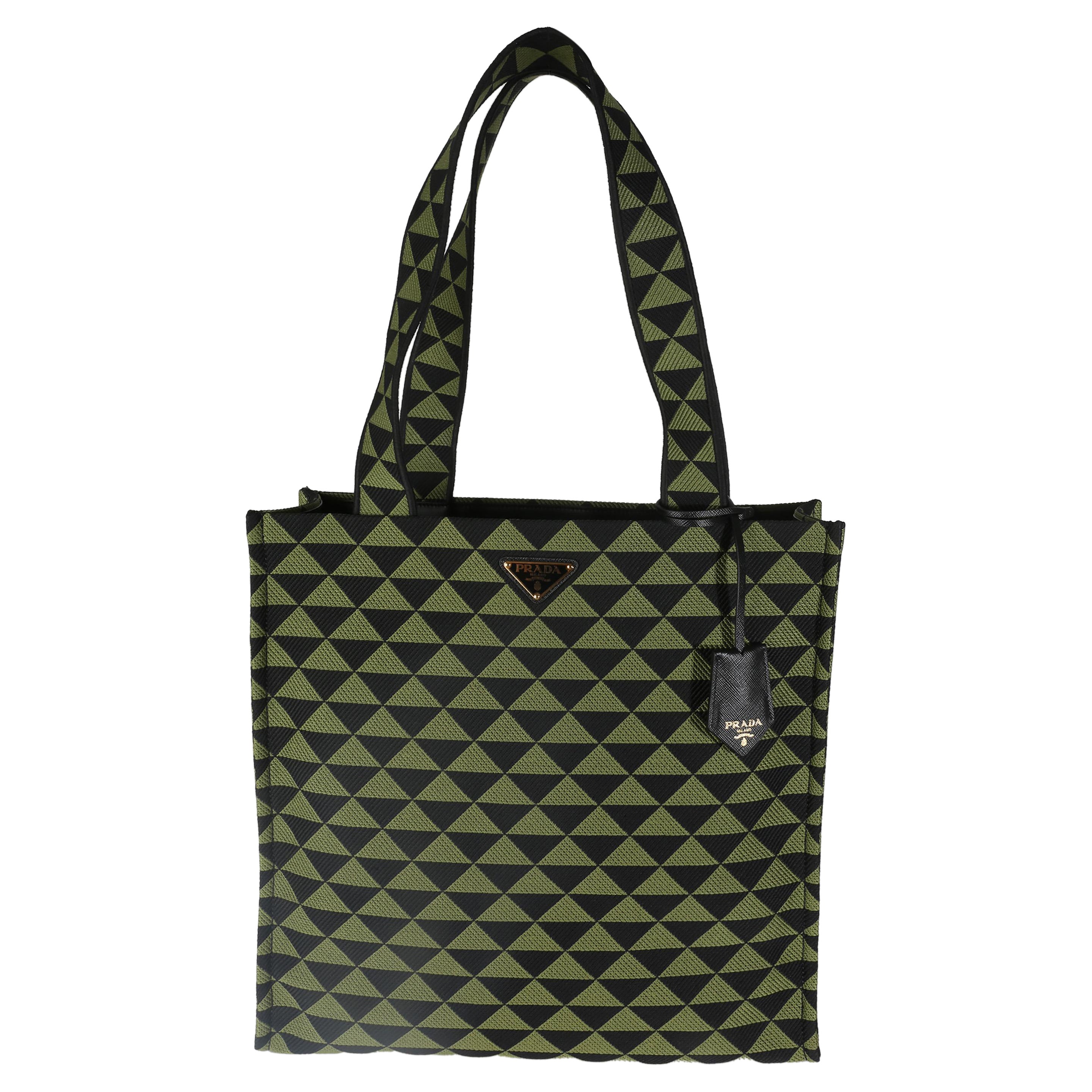 Prada Black Green Jacquard Triangolo Symbole Shopping Tote For Sale