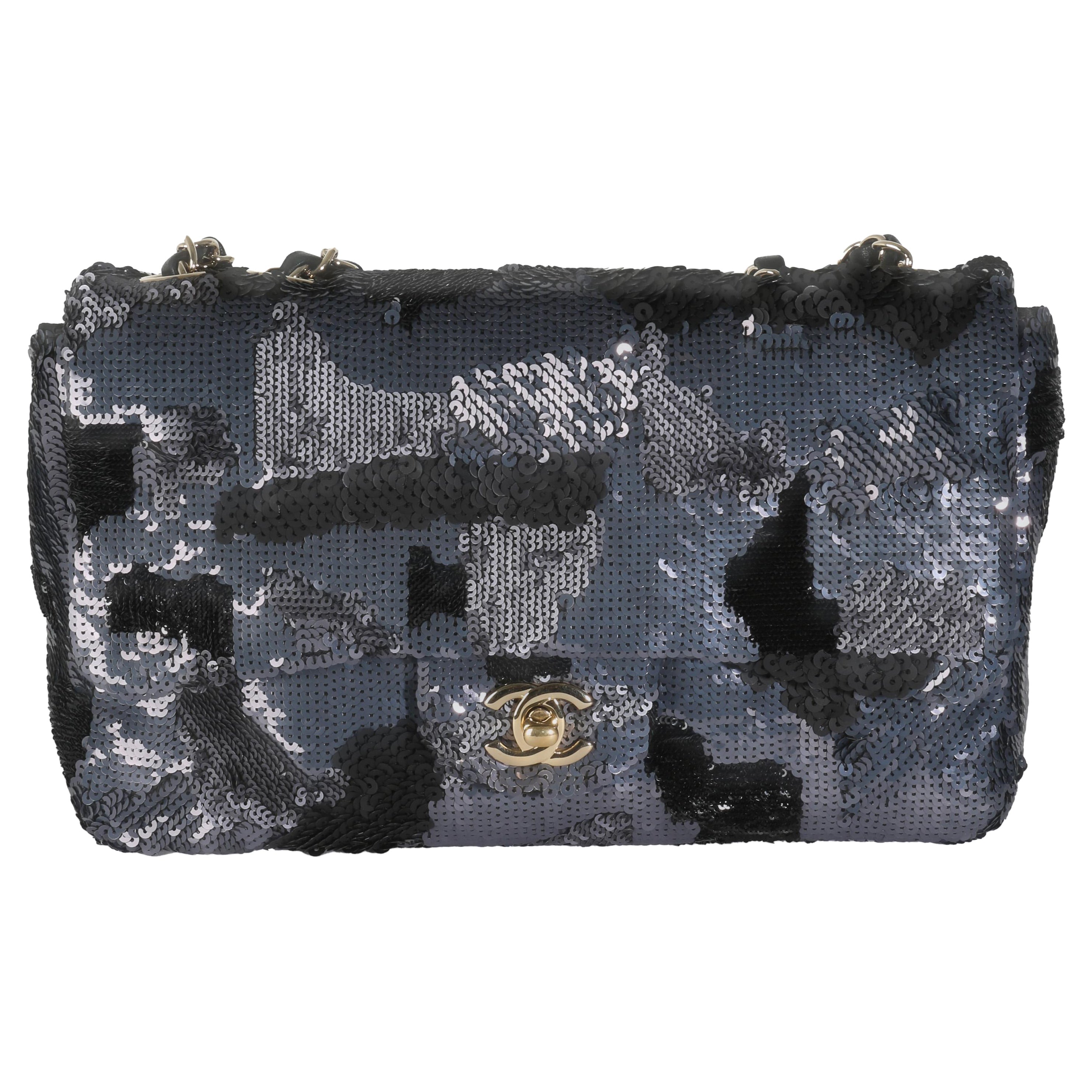 Chanel Black Navy Camo Sequin Medium Single Flap Bag For Sale