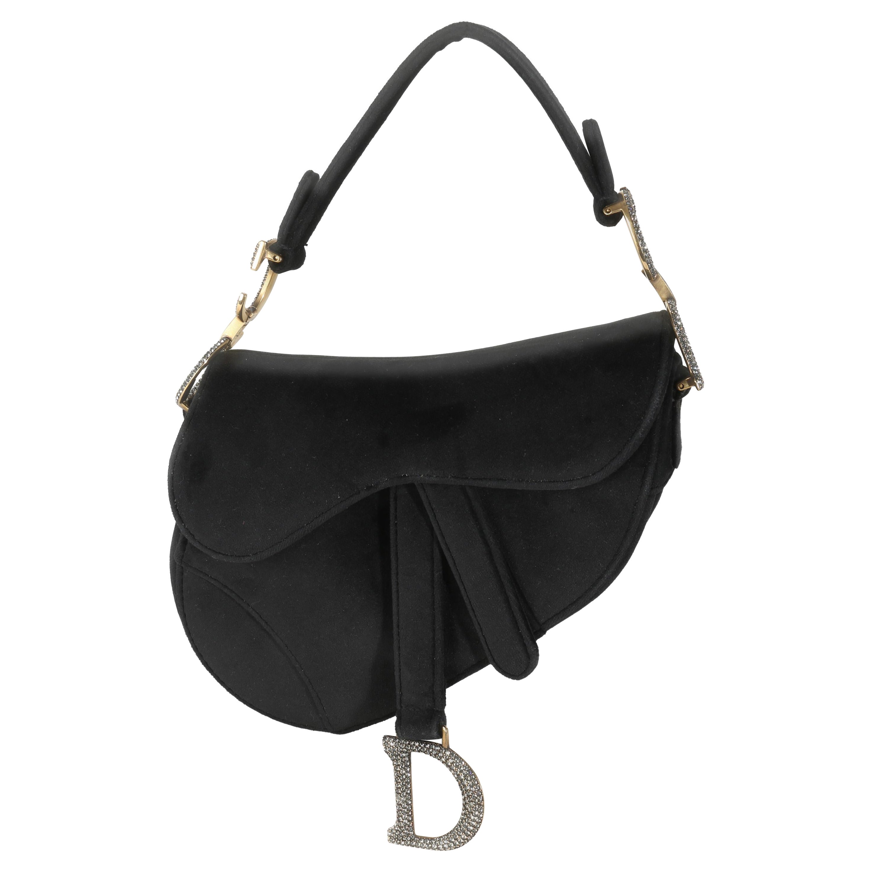 Christian Dior Black Velvet Crystal Mini Saddle Bag For Sale