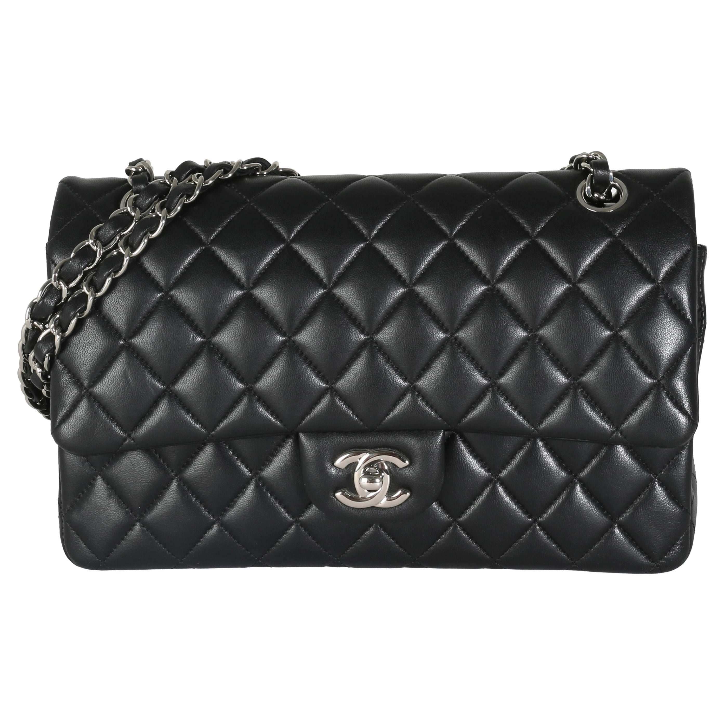 Chanel Black Quilted Lambskin Medium Classic Double Flap Bag For Sale