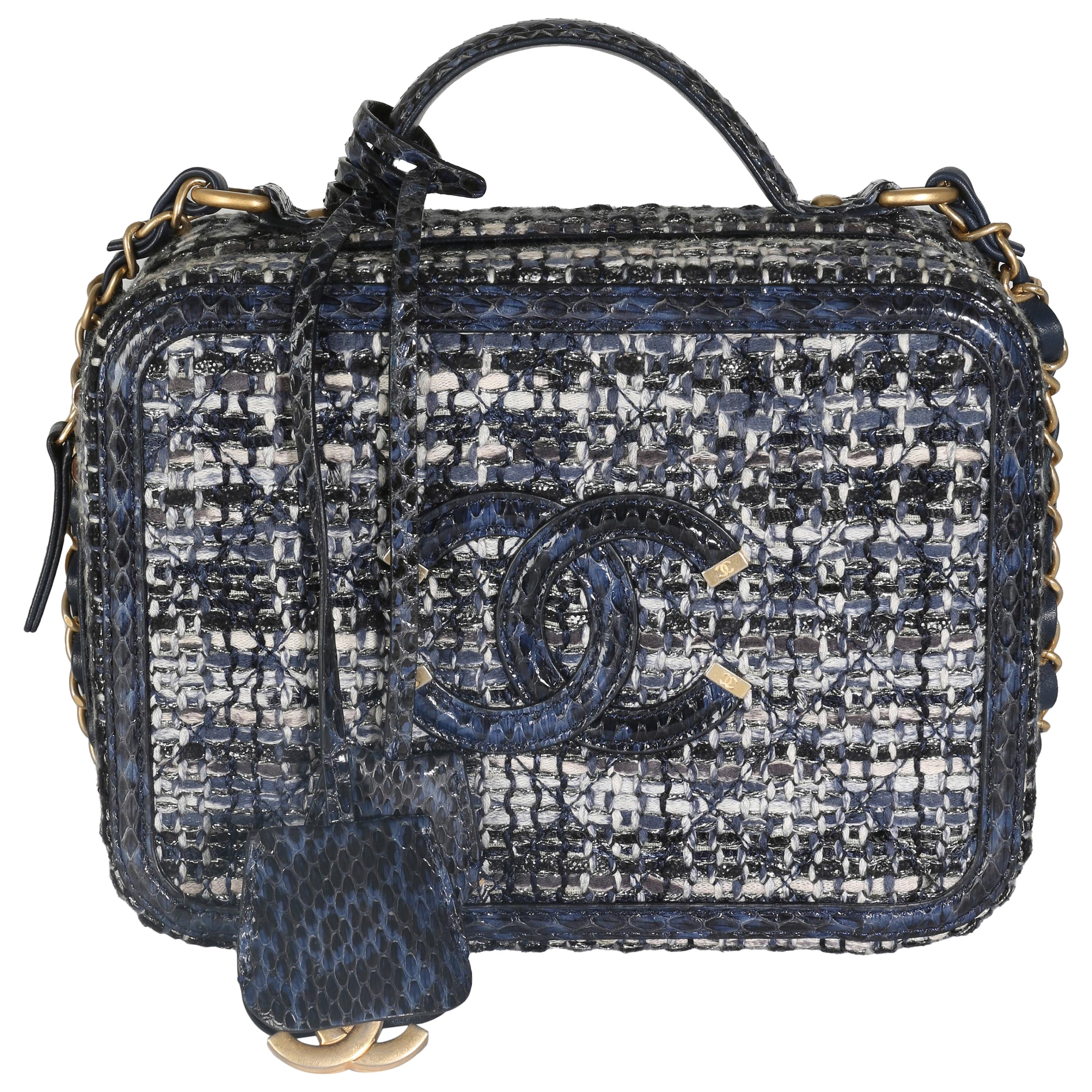 Chanel Navy Tweed Python Medium Filigree Vanity Case For Sale