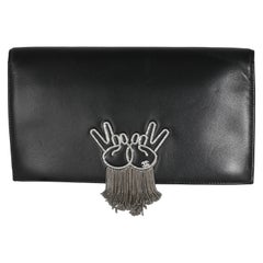 Chanel Black Lambskin Crystal Peace Sign Emoji Fold Over Clutch