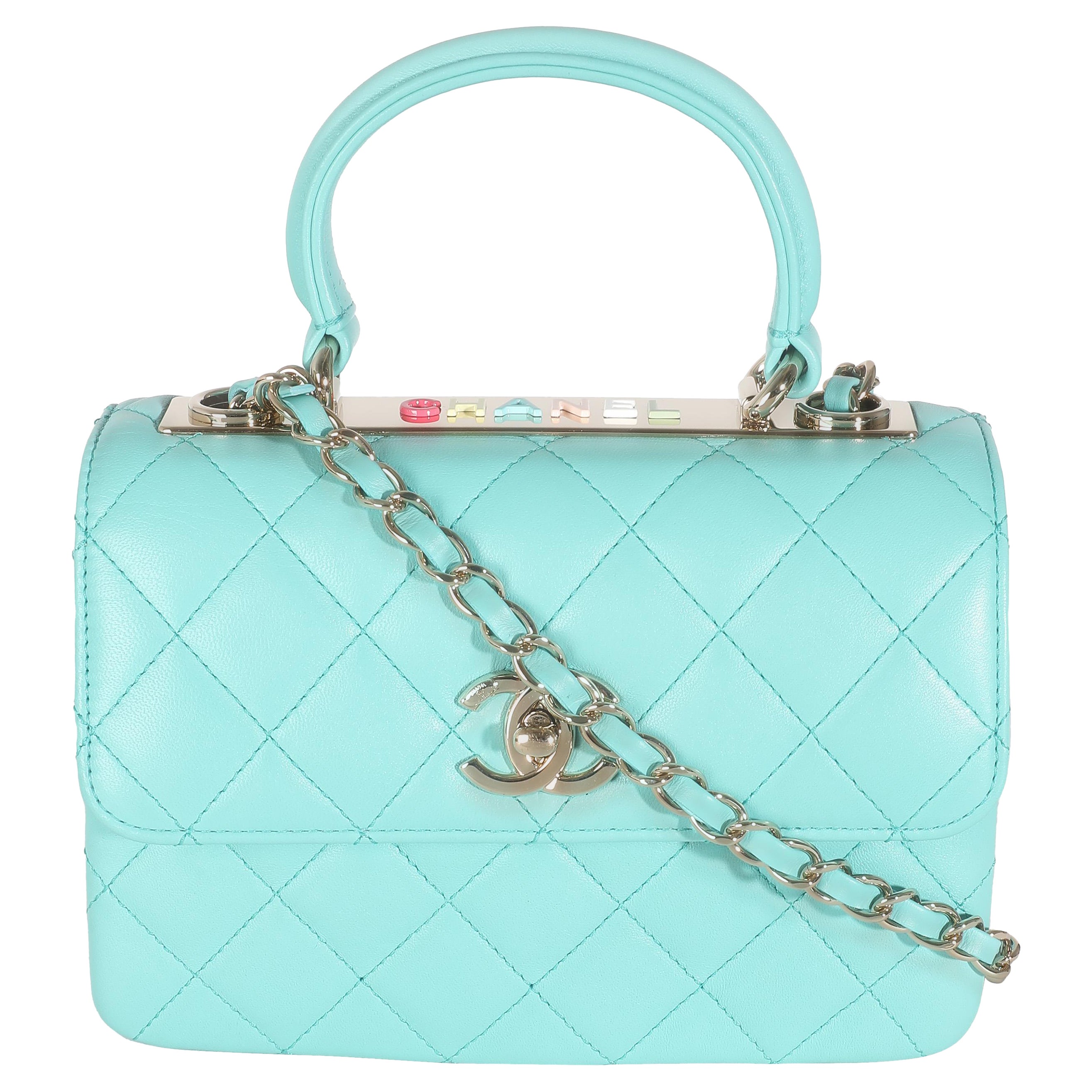 Chanel 24C Turquoise Quilted Lambskin Mini Trendy Top Handle For Sale