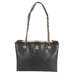 Chanel 19B Black Quilted Lambskin Large Signature Plate Shopping Tote