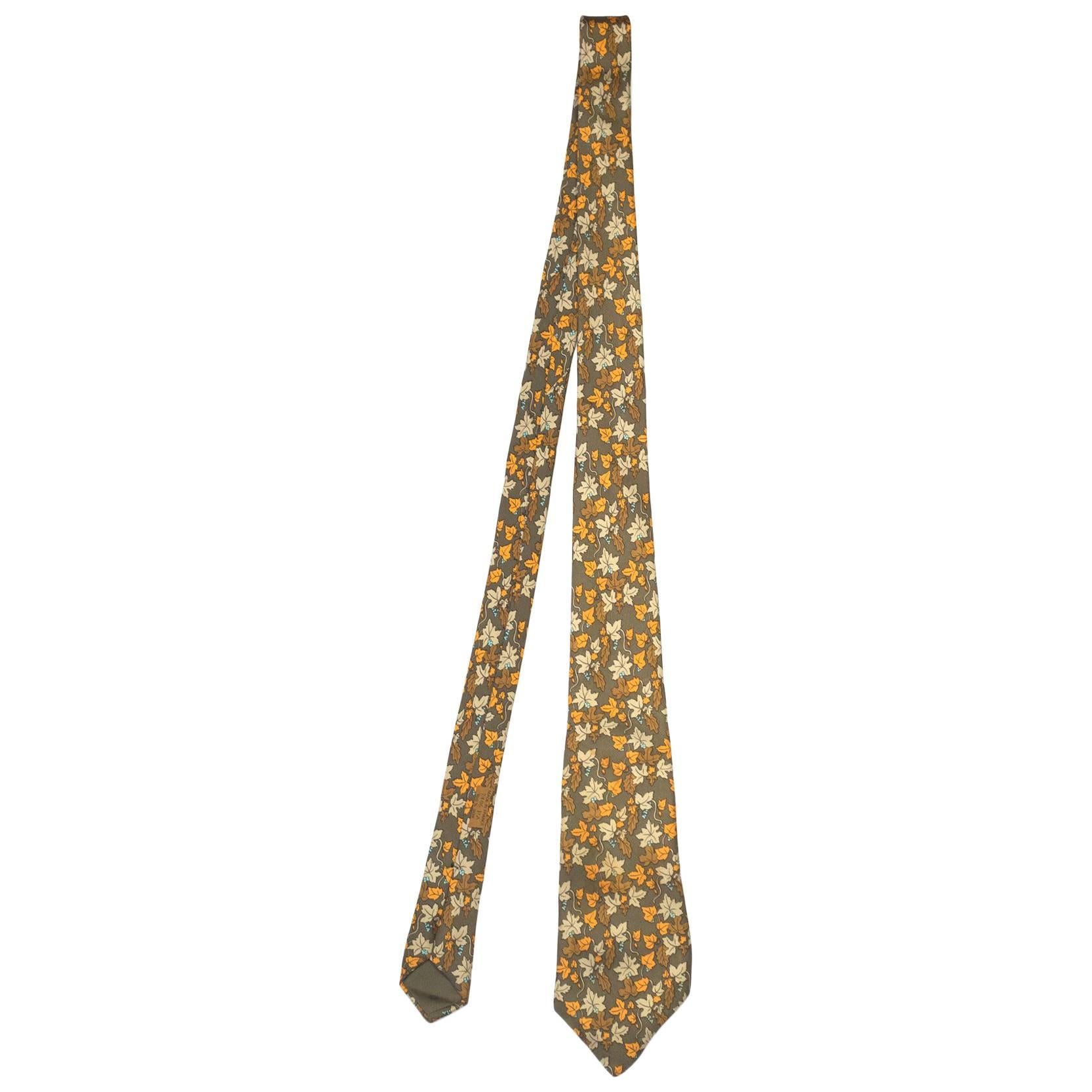 Hermes Olive Autumn Leaves Printed Silk Tie