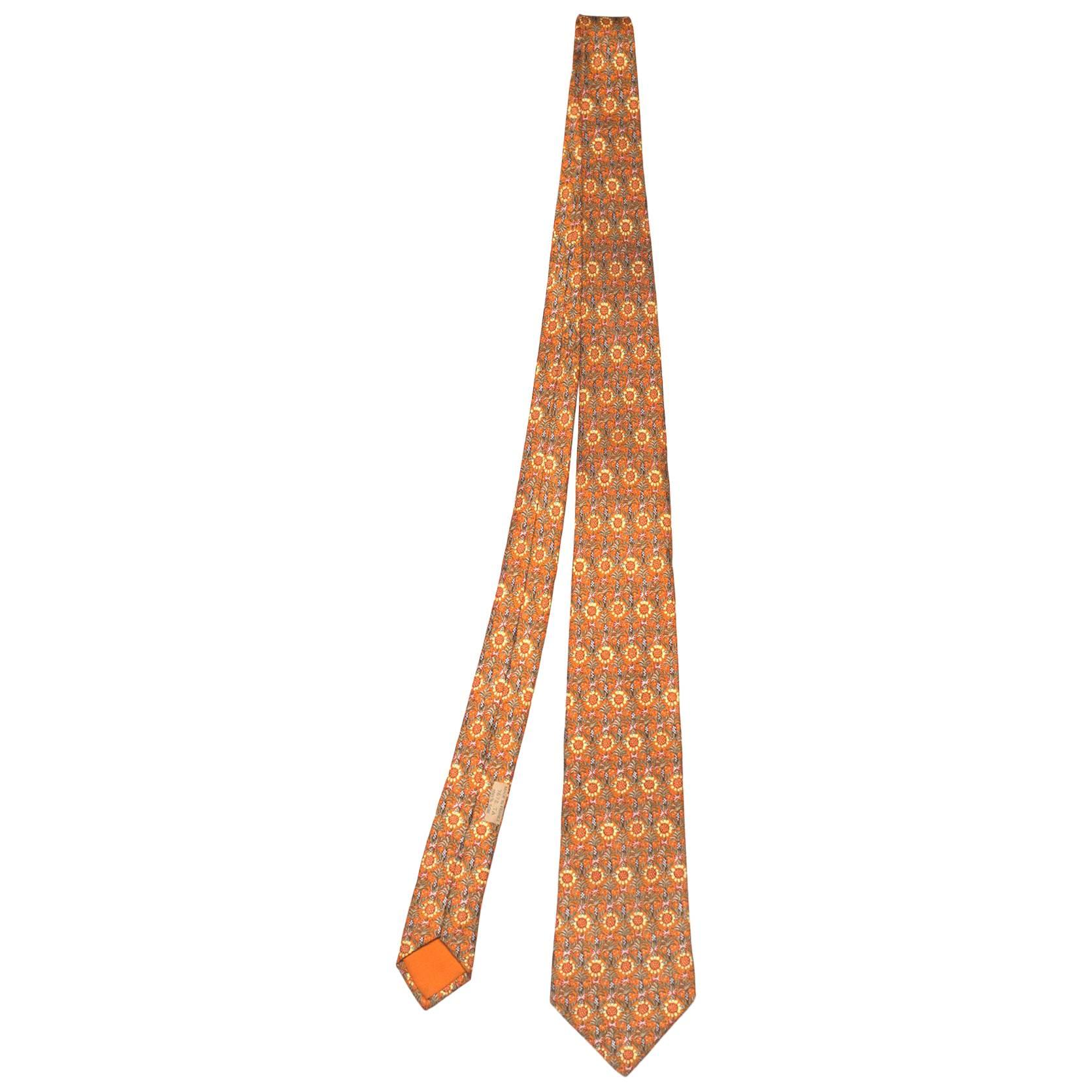 Hermes Orange Sunflower Print Silk Tie 