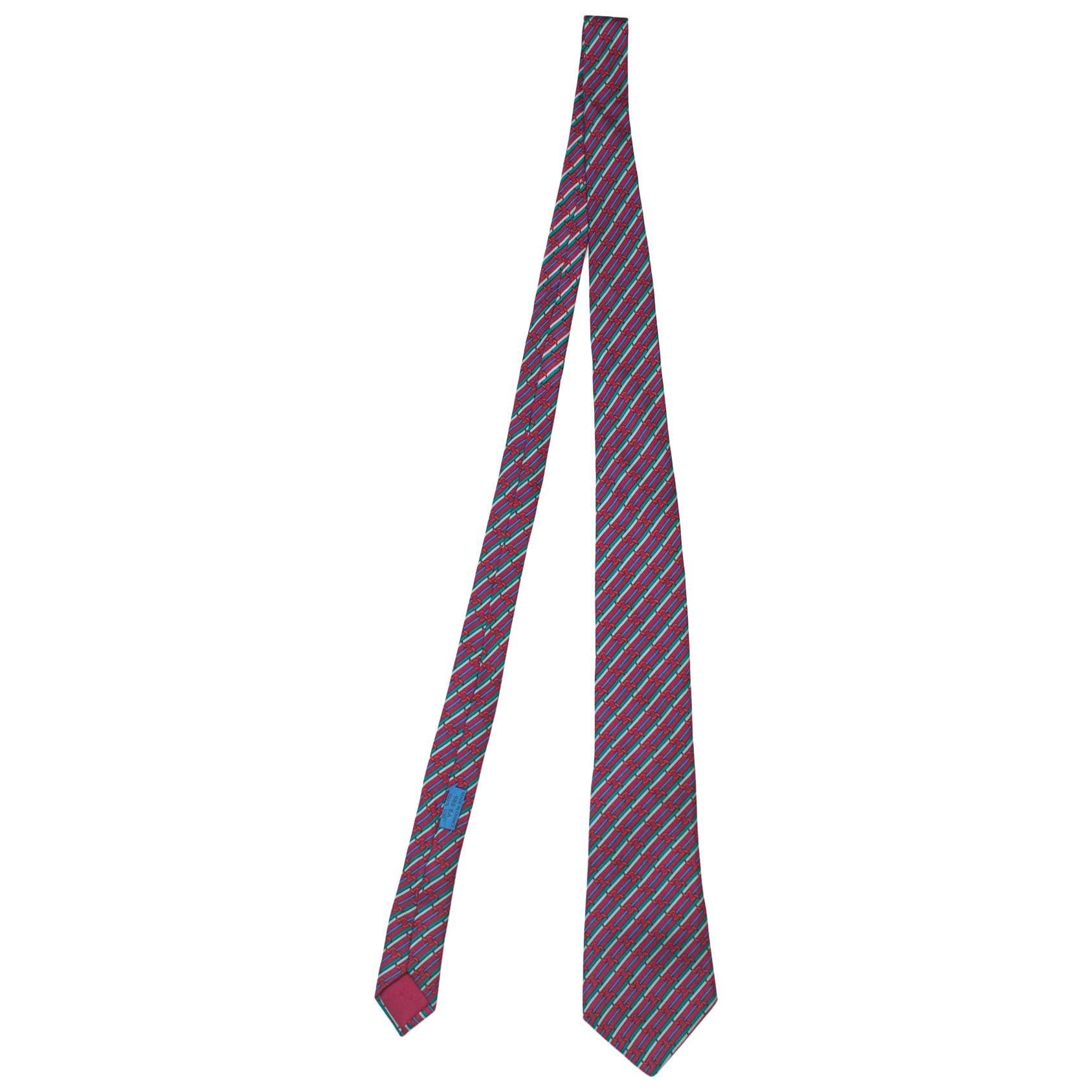 Hermes Burgundy & Green Stripe Silk Tie
