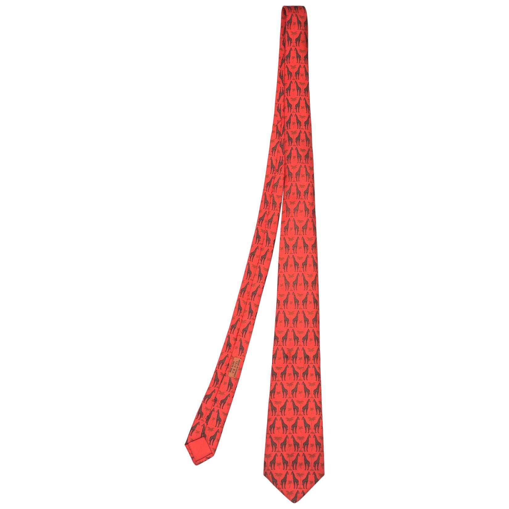 Hermes Orange Giraffe Print Silk Tie