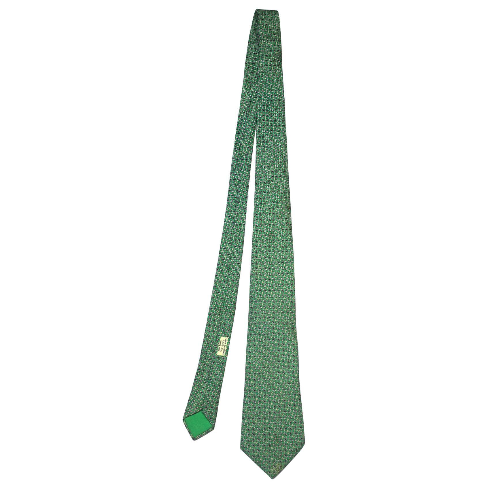 Hermes Green Printed Silk Tie