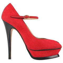 YVES SAINT LAURENT S/S 2007 "Tribute Mary Jane" YSL Red Suede Platform Pumps 10