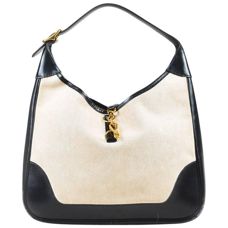 Vintage Hermes Beige Black Box Calf Leather Canvas Gold Hardware "Trim